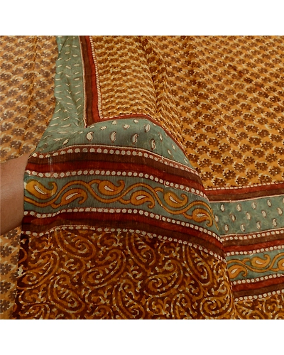 Sanskriti Vintage Saffron Sarees Pure Chiffon Silk Printed Sari Craft Fabric, PRG-3208-Saffron-Printed Paisley Design-Pure Chiffon Silk-4