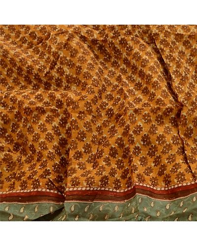 Sanskriti Vintage Saffron Sarees Pure Chiffon Silk Printed Sari Craft Fabric, PRG-3208-Saffron-Printed Paisley Design-Pure Chiffon Silk-6