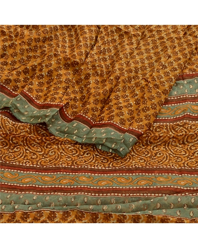 Sanskriti Vintage Saffron Sarees Pure Chiffon Silk Printed Sari Craft Fabric, PRG-3208-Saffron-Printed Paisley Design-Pure Chiffon Silk-7