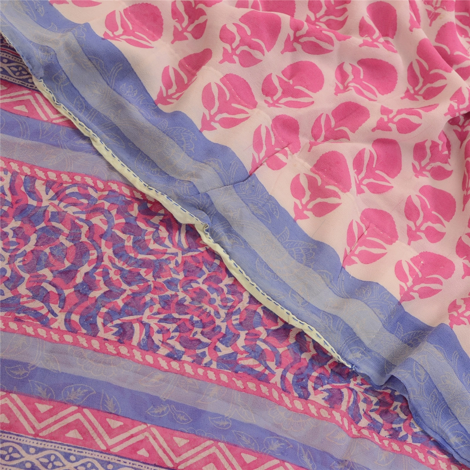 Sanskriti Vintage Saree Pink Block Printed Pure Georgette Silk Sari Craft Fabric, PRG-3213-Pink-Printed Floral Design-Pure Georgette Silk-1