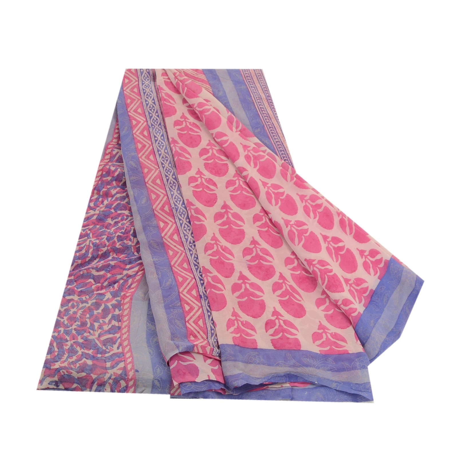 Sanskriti Vintage Saree Pink Block Printed Pure Georgette Silk Sari Craft Fabric, PRG-3213-Pink-Printed Floral Design-Pure Georgette Silk-2