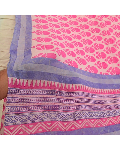 Sanskriti Vintage Saree Pink Block Printed Pure Georgette Silk Sari Craft Fabric, PRG-3213-Pink-Printed Floral Design-Pure Georgette Silk-4