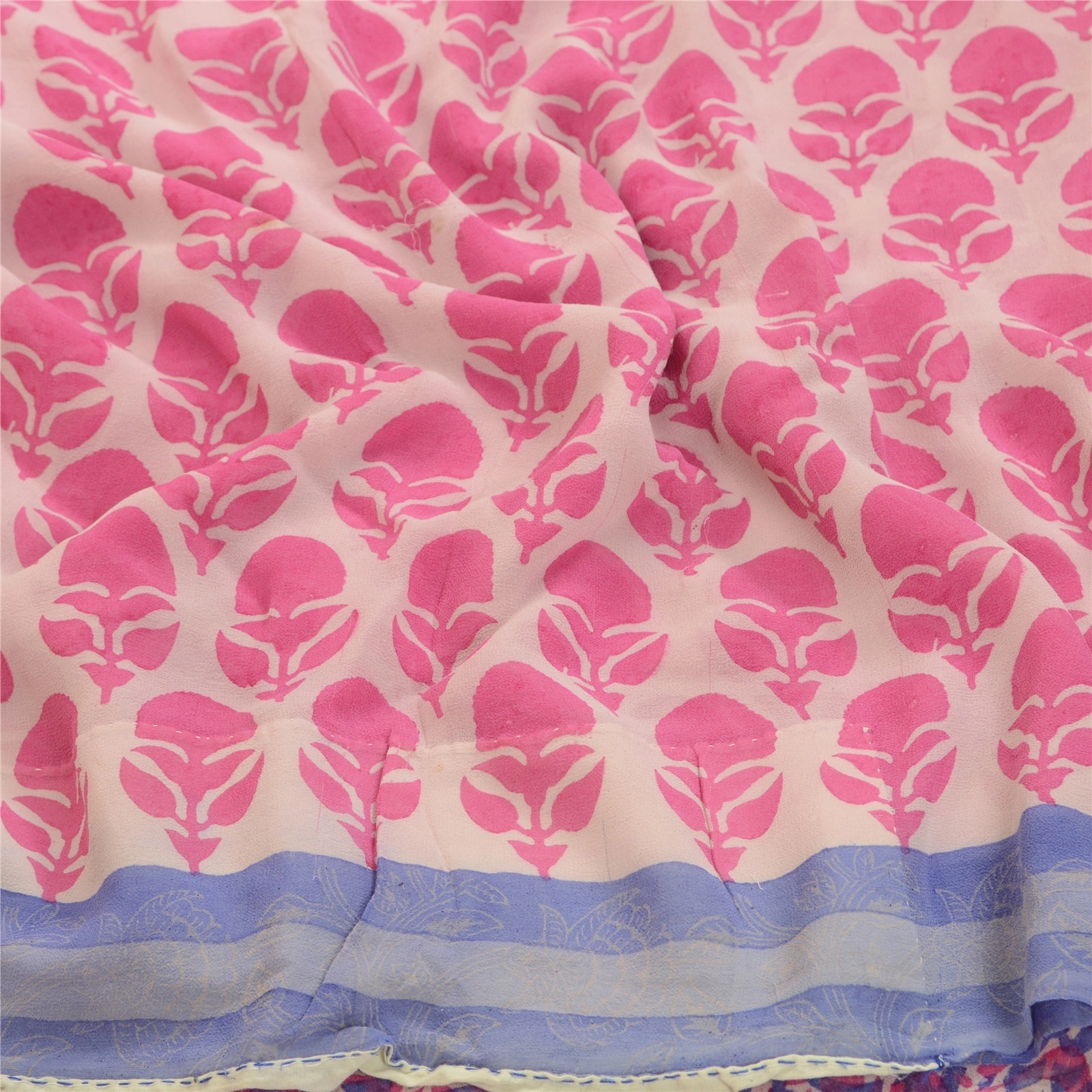 Sanskriti Vintage Saree Pink Block Printed Pure Georgette Silk Sari Craft Fabric, PRG-3213-Pink-Printed Floral Design-Pure Georgette Silk-6