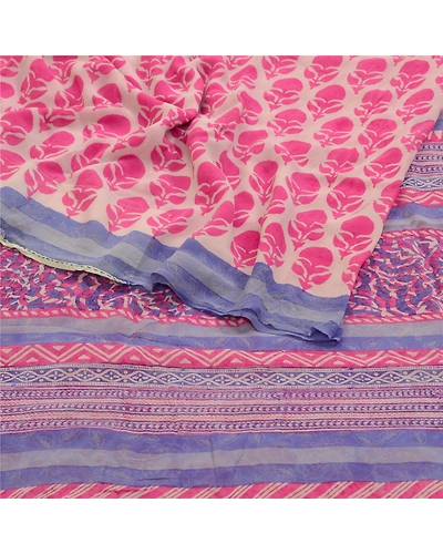 Sanskriti Vintage Saree Pink Block Printed Pure Georgette Silk Sari Craft Fabric, PRG-3213-Pink-Printed Floral Design-Pure Georgette Silk-7
