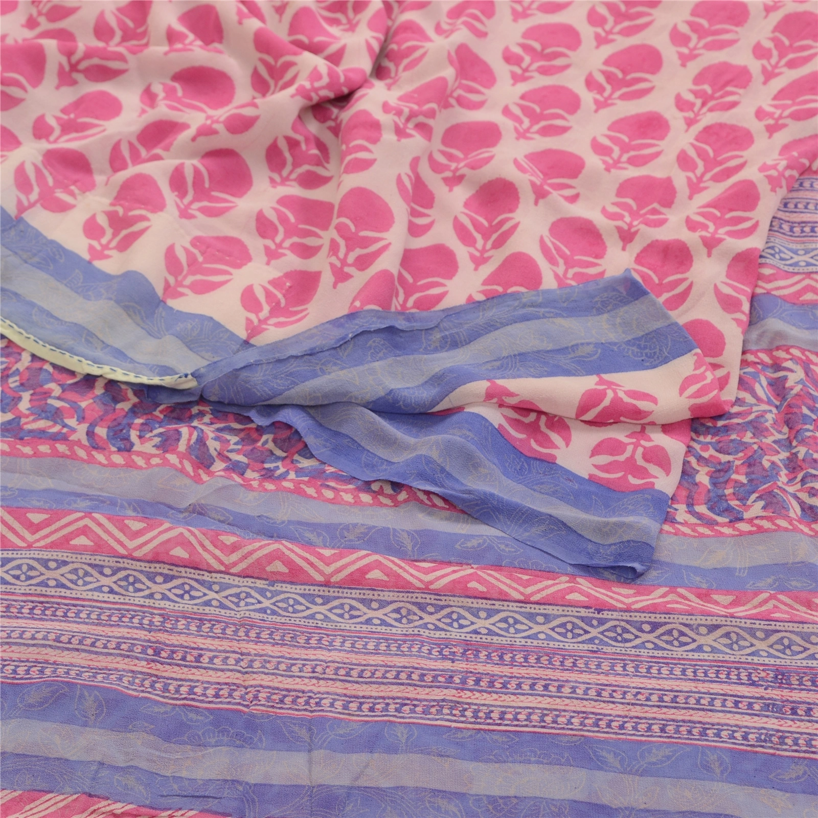 Sanskriti Vintage Saree Pink Block Printed Pure Georgette Silk Sari Craft Fabric, PRG-3213-Pink-Printed Floral Design-Pure Georgette Silk-9