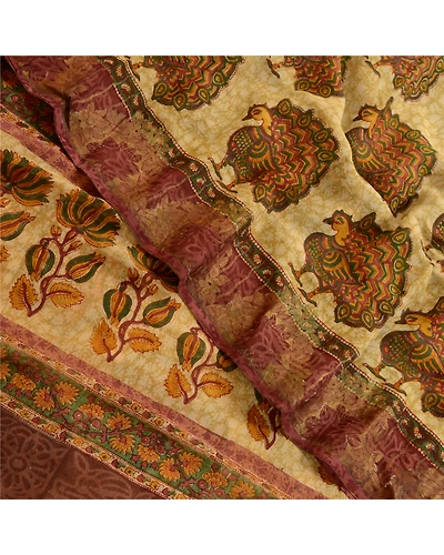 Sanskriti Vintage Cream Peacock Printed Saree Pure Georgette Silk Sari Fabric, PRG-3237-Cream-Printed Floral Design-Pure Georgette Silk-1