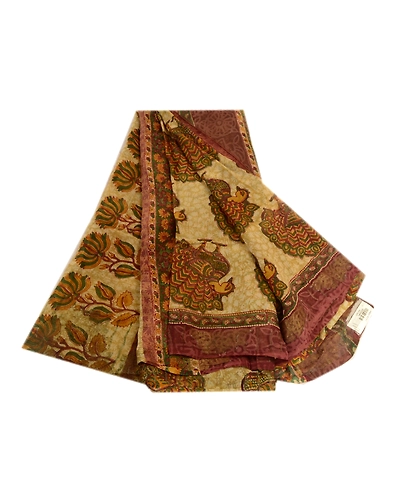 Sanskriti Vintage Cream Peacock Printed Saree Pure Georgette Silk Sari Fabric, PRG-3237-Cream-Printed Floral Design-Pure Georgette Silk-2