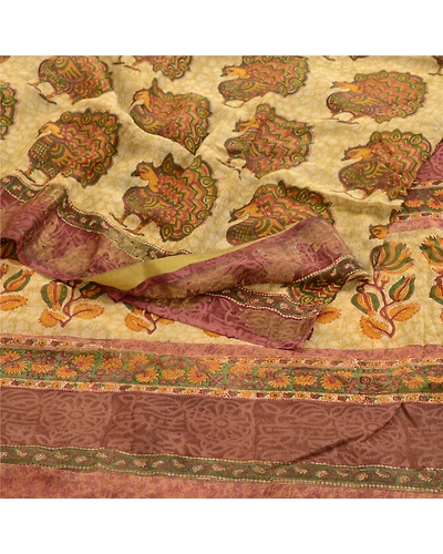 Sanskriti Vintage Cream Peacock Printed Saree Pure Georgette Silk Sari Fabric, PRG-3237-Cream-Printed Floral Design-Pure Georgette Silk-9