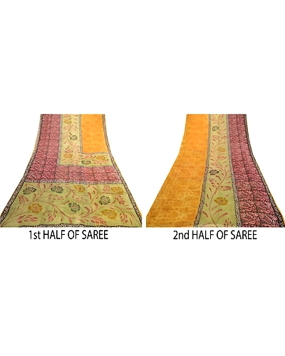 Sanskriti Vintage Indian Sari Multi Blend Georgette Printed Sarees Craft Fabric, PRG-3240-Multi-Printed Floral Design-Blend Georgette-5