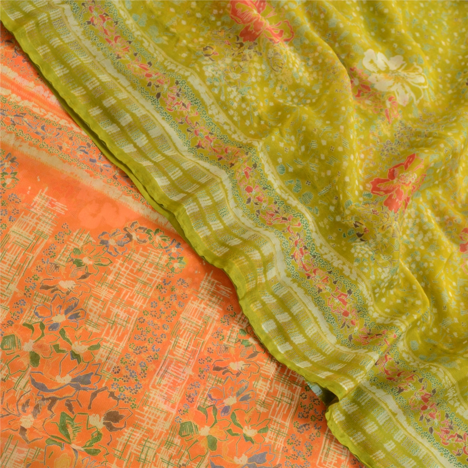 Sanskriti Vintage Green Indian Sarees Chiffon Printed 5 Yard Sari Craft Fabric, PRG-3270-Green-Printed Floral Design-Poly Chiffon-1