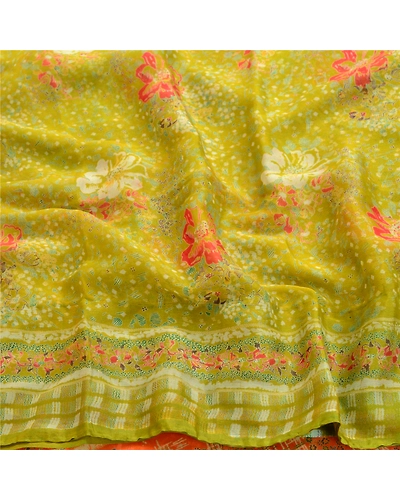 Sanskriti Vintage Green Indian Sarees Chiffon Printed 5 Yard Sari Craft Fabric, PRG-3270-Green-Printed Floral Design-Poly Chiffon-6