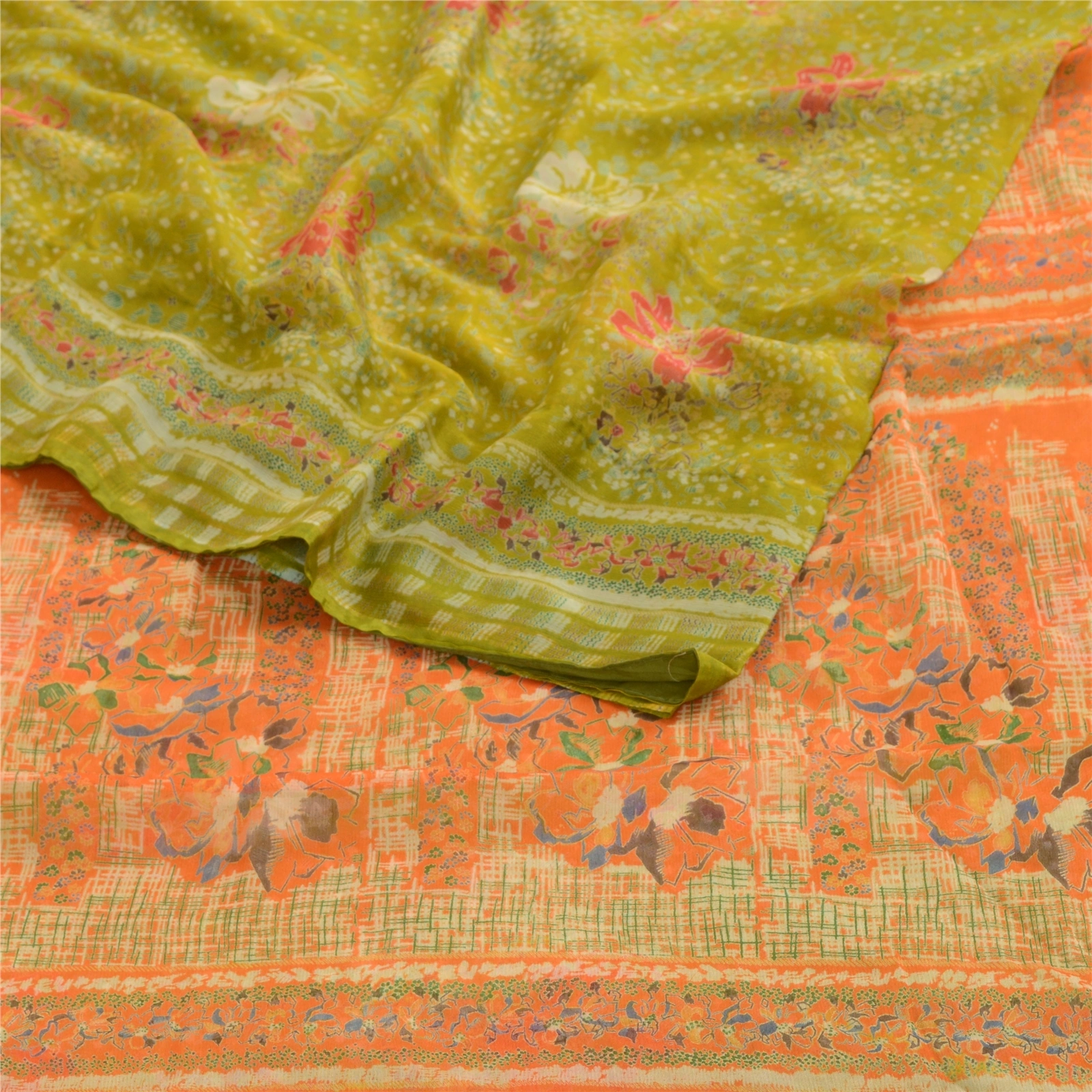 Sanskriti Vintage Green Indian Sarees Chiffon Printed 5 Yard Sari Craft Fabric, PRG-3270-Green-Printed Floral Design-Poly Chiffon-7