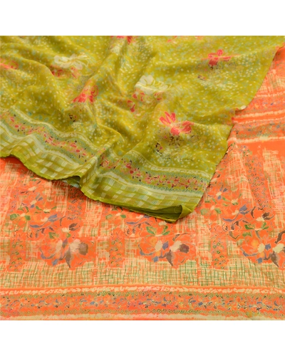 Sanskriti Vintage Green Indian Sarees Chiffon Printed 5 Yard Sari Craft Fabric, PRG-3270-Green-Printed Floral Design-Poly Chiffon-7