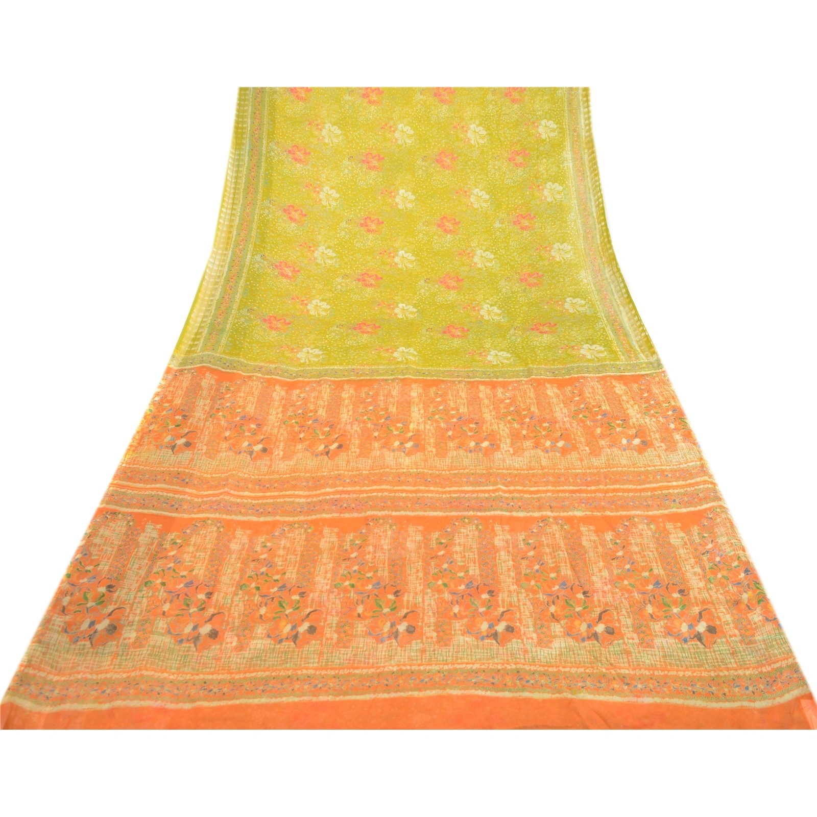 Sanskriti Vintage Green Indian Sarees Chiffon Printed 5 Yard Sari Craft Fabric, PRG-3270-Green-Printed Floral Design-Poly Chiffon-8