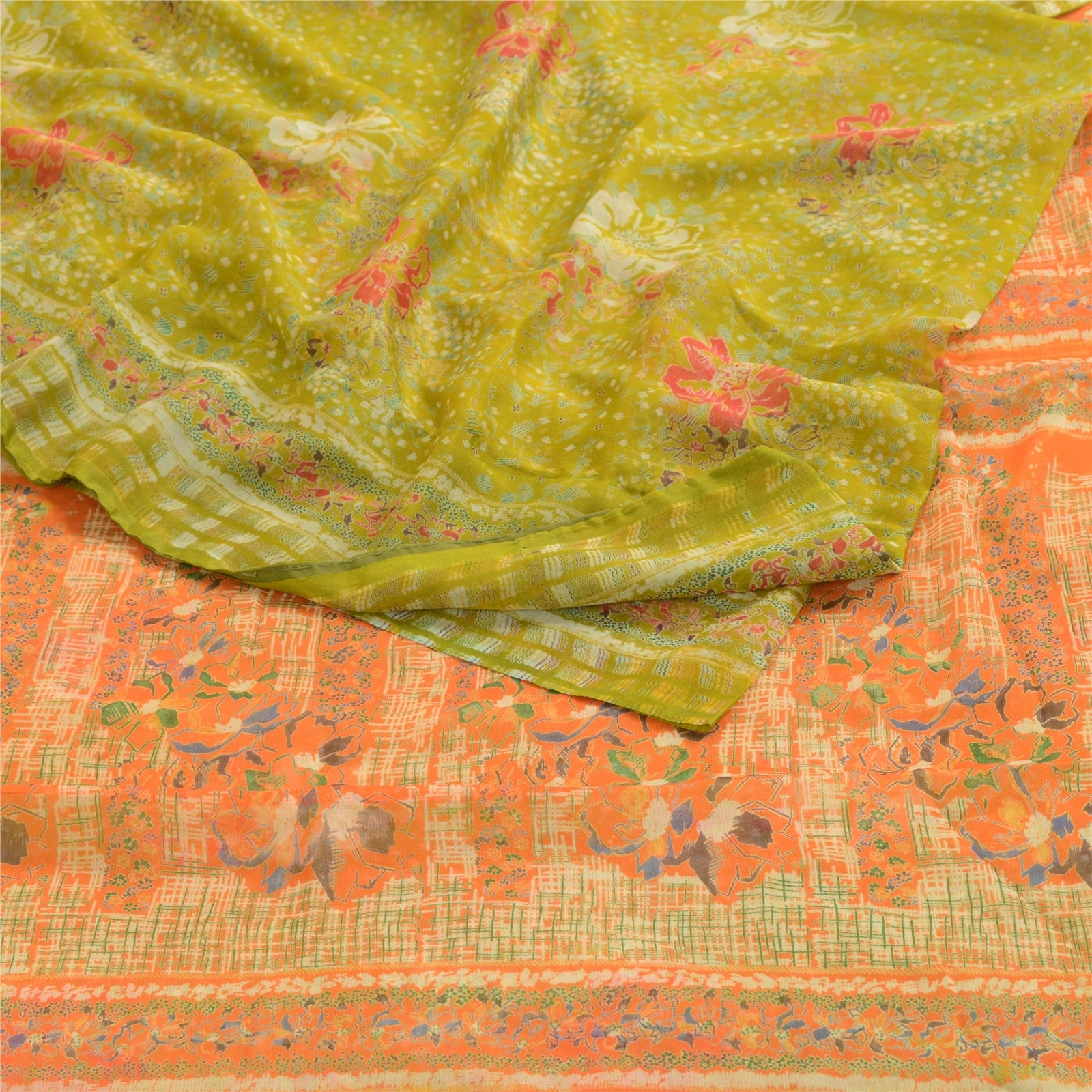 Sanskriti Vintage Green Indian Sarees Chiffon Printed 5 Yard Sari Craft Fabric, PRG-3270-Green-Printed Floral Design-Poly Chiffon-9