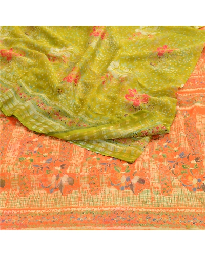 Sanskriti Vintage Green Indian Sarees Chiffon Printed 5 Yard Sari Craft Fabric, PRG-3270-Green-Printed Floral Design-Poly Chiffon-9