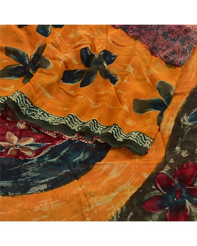 Sanskriti Vintage Indian Sari Blend Georgette Printed Sarees Floral Craft Fabric, PRG-3390-Multi-Printed Floral Design-Blend Georgette-7