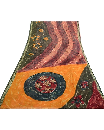 Sanskriti Vintage Indian Sari Blend Georgette Printed Sarees Floral Craft Fabric, PRG-3390-Multi-Printed Floral Design-Blend Georgette-8