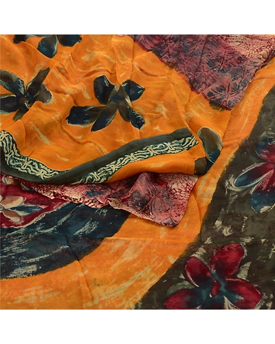 Sanskriti Vintage Indian Sari Blend Georgette Printed Sarees Floral Craft Fabric, PRG-3390-Multi-Printed Floral Design-Blend Georgette-9