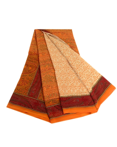 Sanskriti Vintage Ivory Indian Sarees Georgette Printed Sari Soft Craft Fabric, PRG-3412-Ivory-Printed Floral Design-Poly Georgette-2