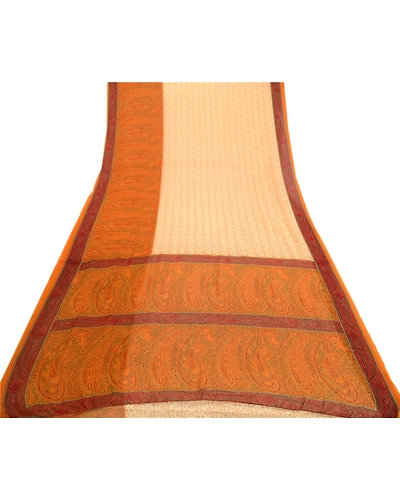 Sanskriti Vintage Ivory Indian Sarees Georgette Printed Sari Soft Craft Fabric, PRG-3412-Ivory-Printed Floral Design-Poly Georgette-8