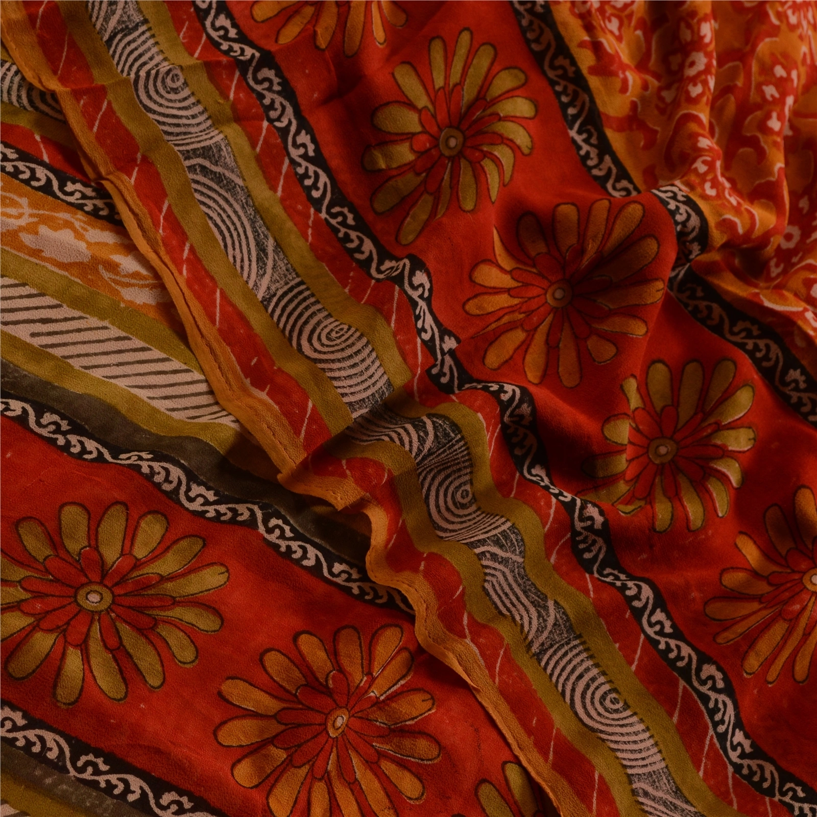 Sanskriti Vintage Orange Sarees Pure Georgette Silk Printed Sari Craft Fabric, PRG-3475-Orange-Printed Floral Design-Pure Georgette Silk-1