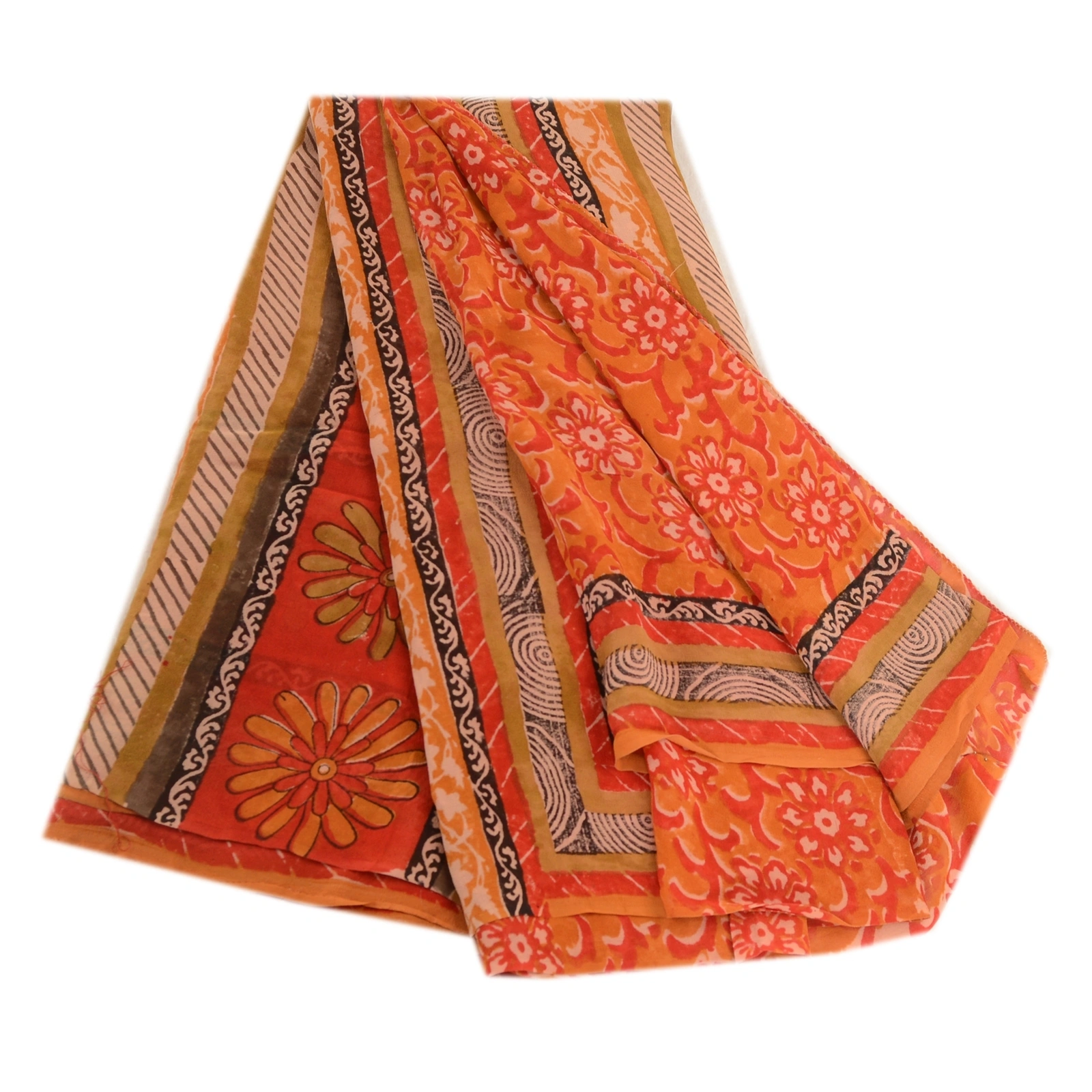 Sanskriti Vintage Orange Sarees Pure Georgette Silk Printed Sari Craft Fabric, PRG-3475-Orange-Printed Floral Design-Pure Georgette Silk-2