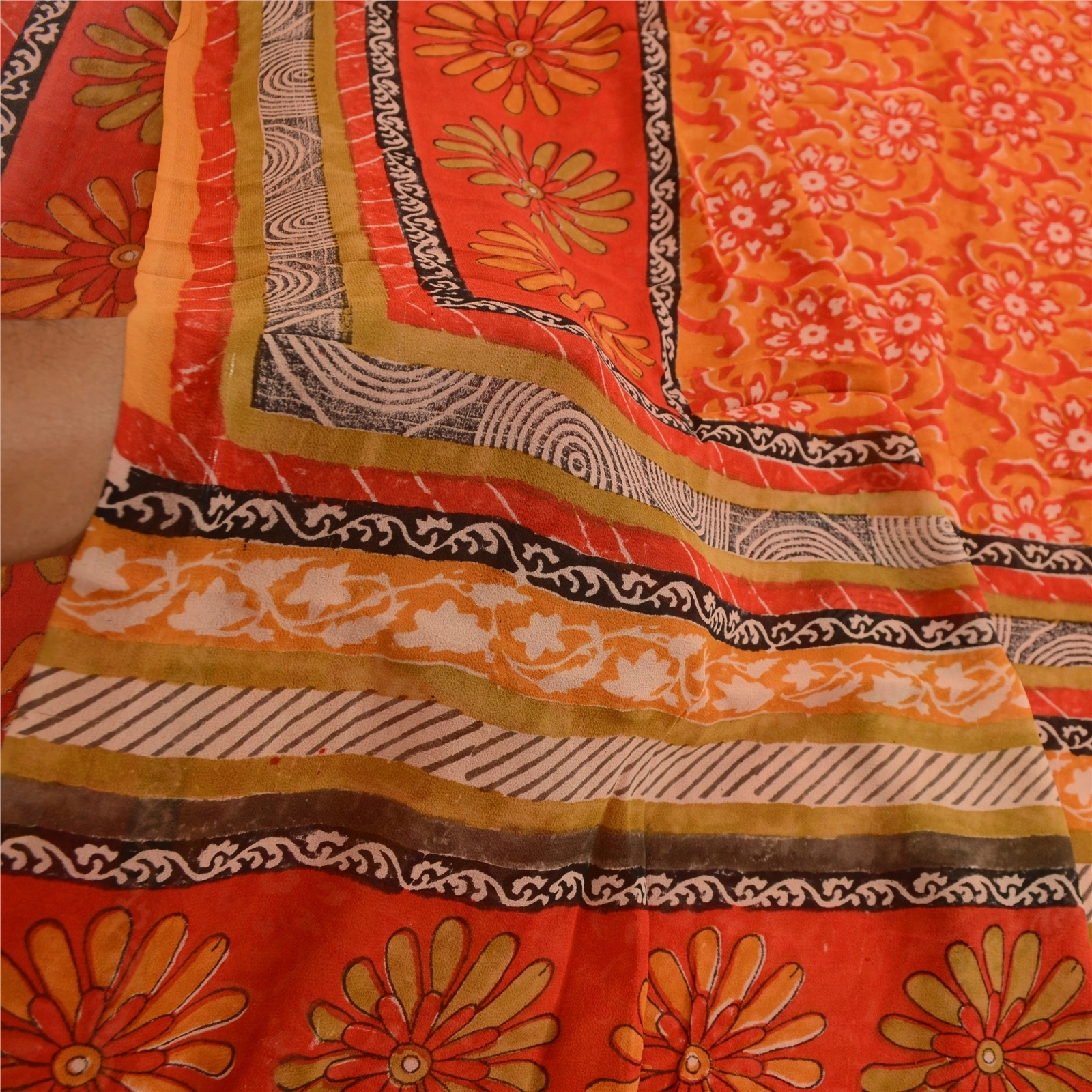 Sanskriti Vintage Orange Sarees Pure Georgette Silk Printed Sari Craft Fabric, PRG-3475-Orange-Printed Floral Design-Pure Georgette Silk-4