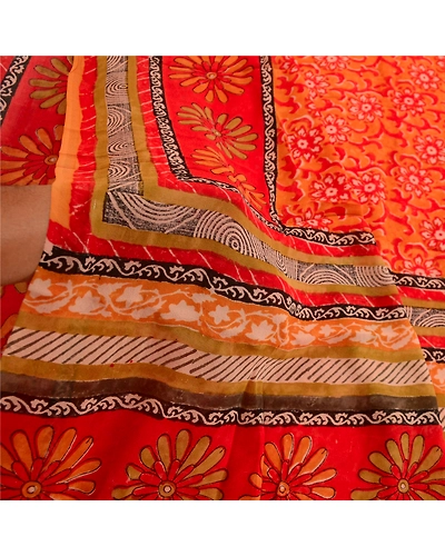 Sanskriti Vintage Orange Sarees Pure Georgette Silk Printed Sari Craft Fabric, PRG-3475-Orange-Printed Floral Design-Pure Georgette Silk-4