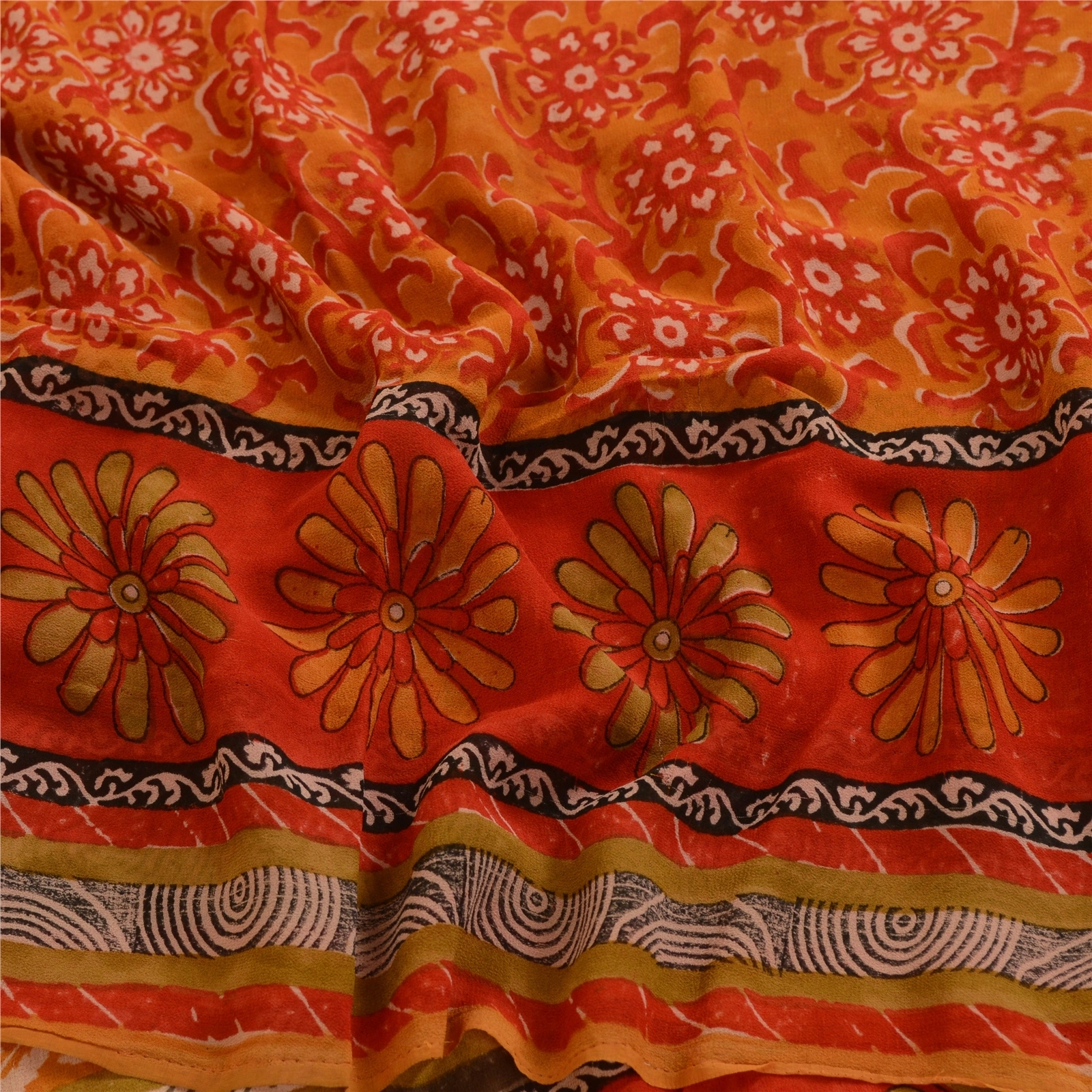 Sanskriti Vintage Orange Sarees Pure Georgette Silk Printed Sari Craft Fabric, PRG-3475-Orange-Printed Floral Design-Pure Georgette Silk-6