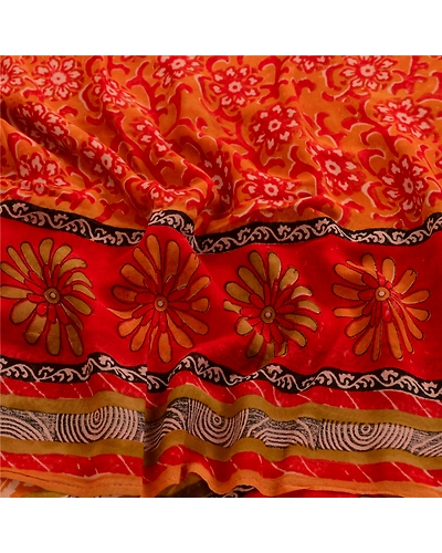 Sanskriti Vintage Orange Sarees Pure Georgette Silk Printed Sari Craft Fabric, PRG-3475-Orange-Printed Floral Design-Pure Georgette Silk-6