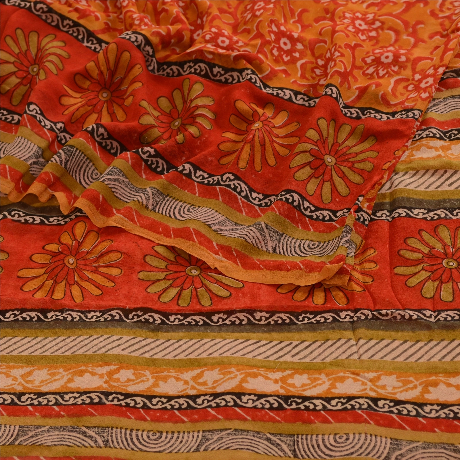 Sanskriti Vintage Orange Sarees Pure Georgette Silk Printed Sari Craft Fabric, PRG-3475-Orange-Printed Floral Design-Pure Georgette Silk-7