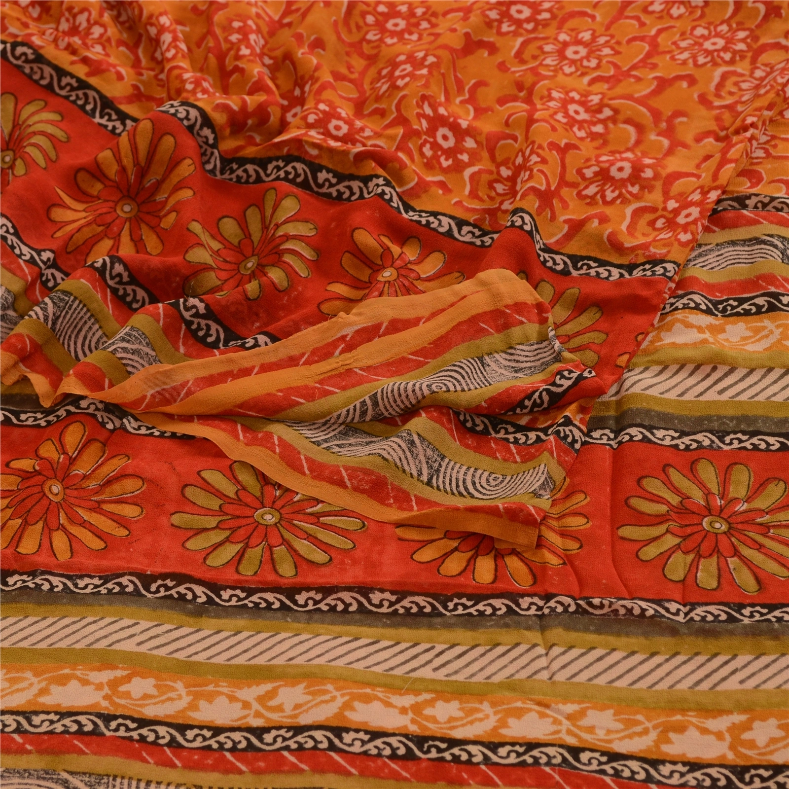 Sanskriti Vintage Orange Sarees Pure Georgette Silk Printed Sari Craft Fabric, PRG-3475-Orange-Printed Floral Design-Pure Georgette Silk-9