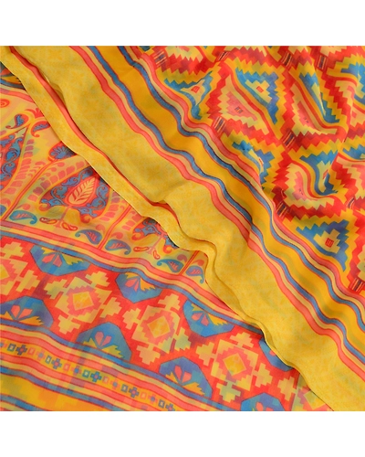 Sanskriti Vintage Red Indian Sarees Printed Georgette Indian Sari Craft Fabric, PRG-3479-Red-Printed Floral Design-Poly Georgette-1