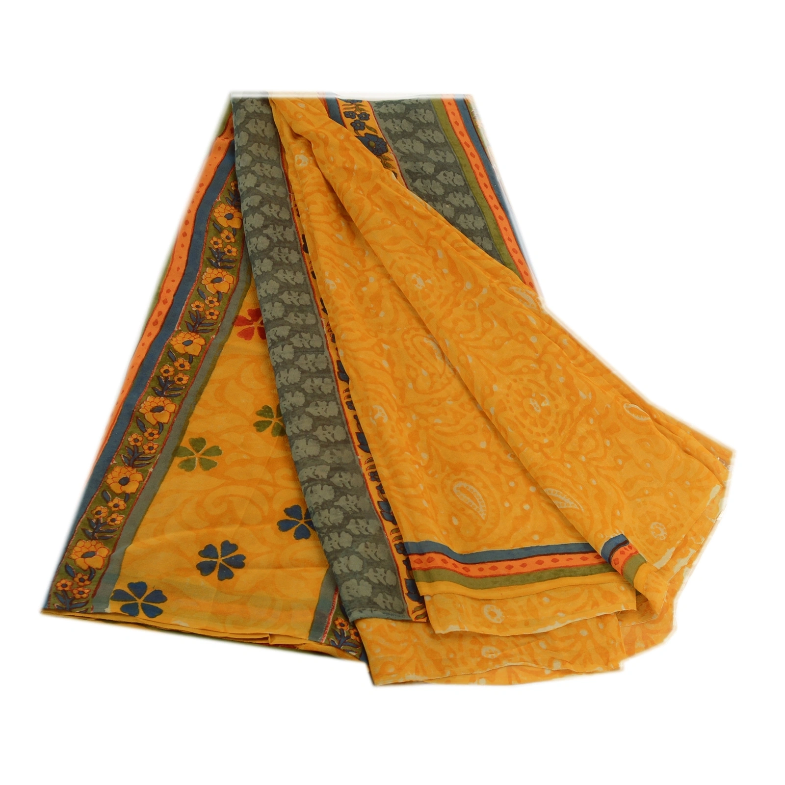 Sanskriti Vintage Yellow Sarees Pure Georgette Silk Printed Sari Craft Fabric, PRG-3516-Yellow-Printed Floral Design-Pure Georgette Silk-2