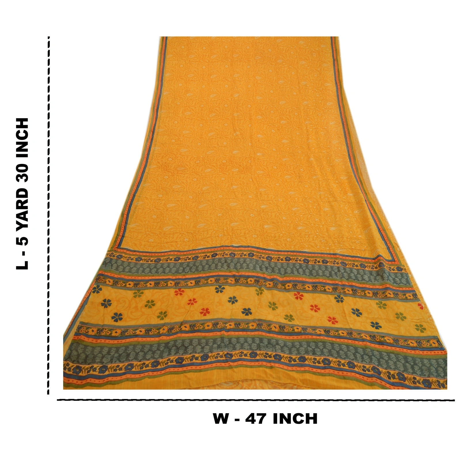 Sanskriti Vintage Yellow Sarees Pure Georgette Silk Printed Sari Craft Fabric, PRG-3516-Yellow-Printed Floral Design-Pure Georgette Silk-3