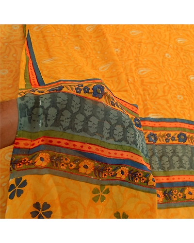 Sanskriti Vintage Yellow Sarees Pure Georgette Silk Printed Sari Craft Fabric, PRG-3516-Yellow-Printed Floral Design-Pure Georgette Silk-4