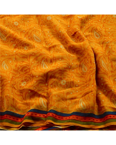 Sanskriti Vintage Yellow Sarees Pure Georgette Silk Printed Sari Craft Fabric, PRG-3516-Yellow-Printed Floral Design-Pure Georgette Silk-6