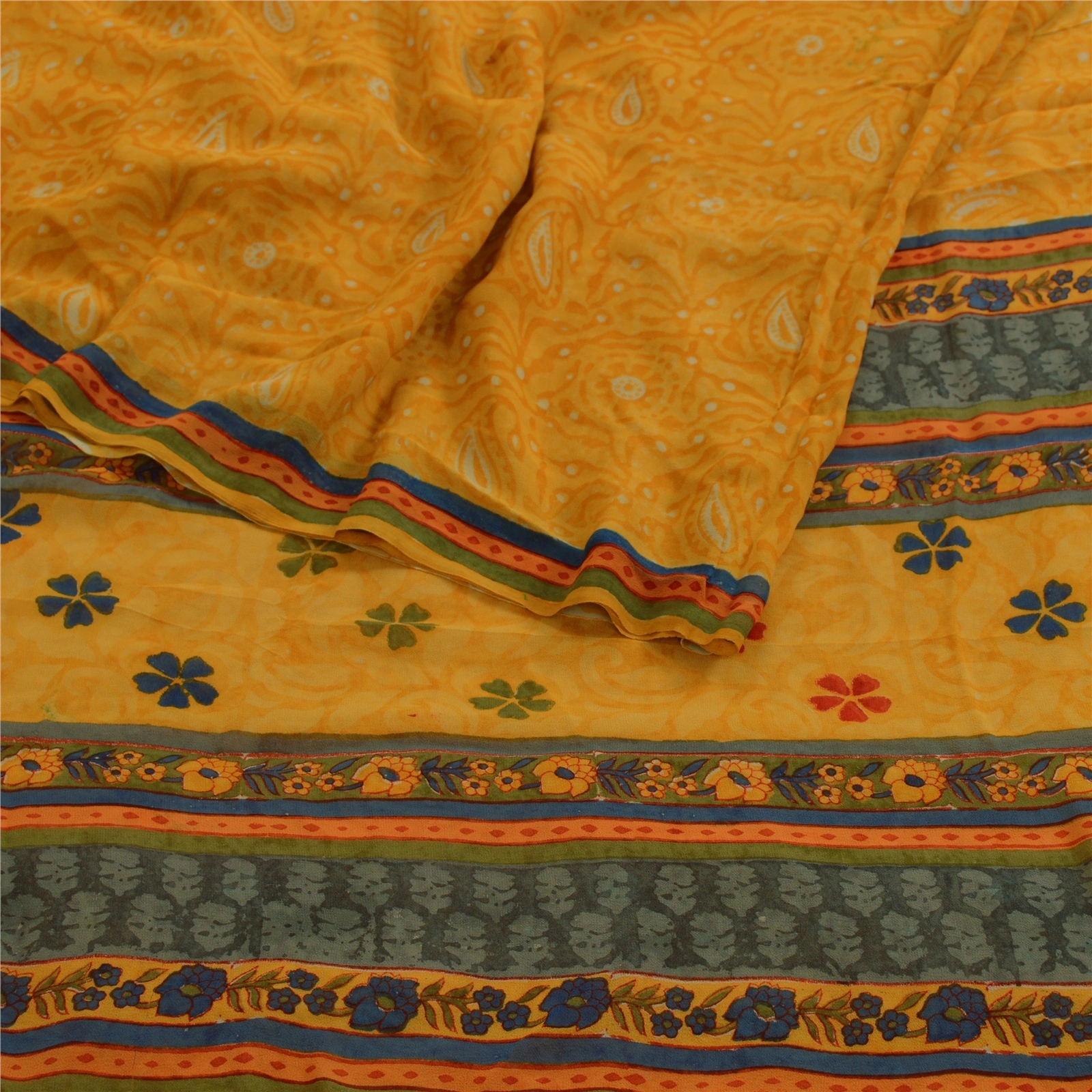 Sanskriti Vintage Yellow Sarees Pure Georgette Silk Printed Sari Craft Fabric, PRG-3516-Yellow-Printed Floral Design-Pure Georgette Silk-7