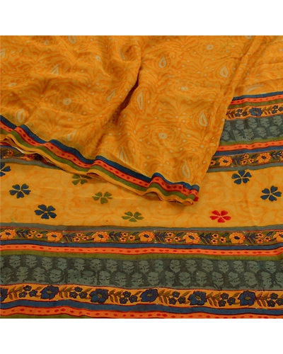 Sanskriti Vintage Yellow Sarees Pure Georgette Silk Printed Sari Craft Fabric, PRG-3516-Yellow-Printed Floral Design-Pure Georgette Silk-7