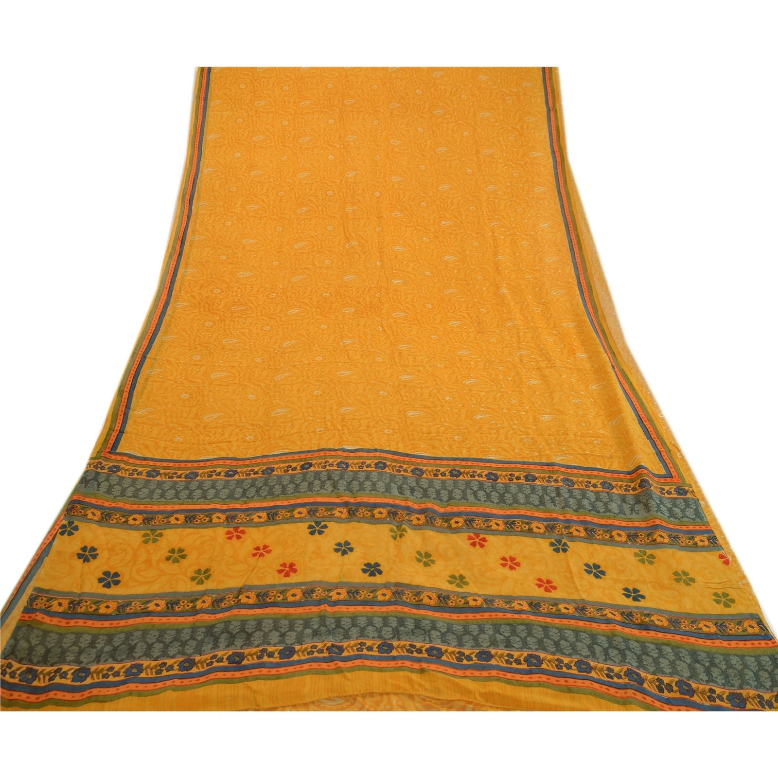 Sanskriti Vintage Yellow Sarees Pure Georgette Silk Printed Sari Craft Fabric, PRG-3516-Yellow-Printed Floral Design-Pure Georgette Silk-8