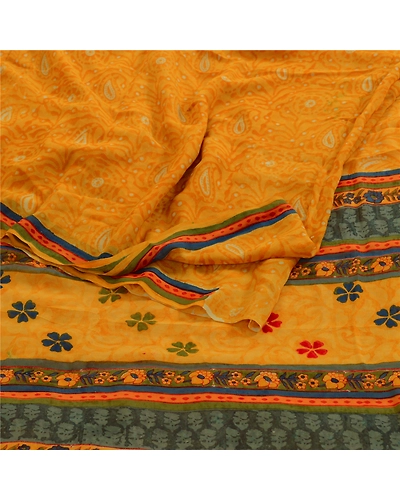 Sanskriti Vintage Yellow Sarees Pure Georgette Silk Printed Sari Craft Fabric, PRG-3516-Yellow-Printed Floral Design-Pure Georgette Silk-9