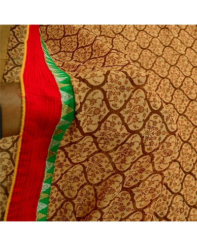 Sanskriti Vintage Brown Indian Sarees Chiffon Print Lace Work Sari Craft Fabric, PRG-3534-Brown-Printed Floral Design-Poly Chiffon-4