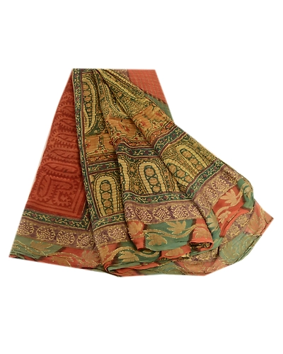 Sanskriti Vintage Green Sarees Pure Georgette Silk Printed Sari 5Yd Craft Fabric, PRG-3539-Green-Printed Paisley Design-Pure Georgette Silk-2