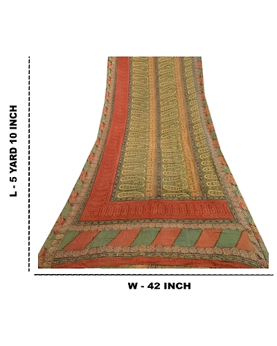Sanskriti Vintage Green Sarees Pure Georgette Silk Printed Sari 5Yd Craft Fabric, PRG-3539-Green-Printed Paisley Design-Pure Georgette Silk-3
