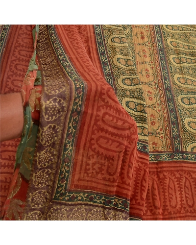 Sanskriti Vintage Green Sarees Pure Georgette Silk Printed Sari 5Yd Craft Fabric, PRG-3539-Green-Printed Paisley Design-Pure Georgette Silk-4