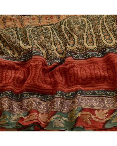 Sanskriti Vintage Green Sarees Pure Georgette Silk Printed Sari 5Yd Craft Fabric, PRG-3539-Green-Printed Paisley Design-Pure Georgette Silk-6