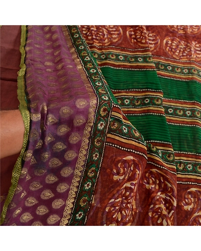 Sanskriti Vintage Sarees Pure Georgette Silk Zari Work Printed Sari Fabric, PRG-3556-Brown-Printed Paisley Design-Pure Georgette Silk-4