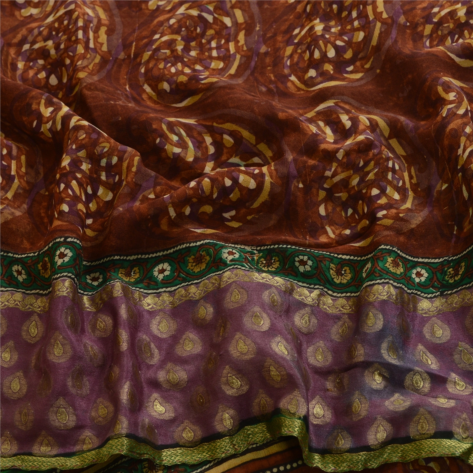 Sanskriti Vintage Sarees Pure Georgette Silk Zari Work Printed Sari Fabric, PRG-3556-Brown-Printed Paisley Design-Pure Georgette Silk-6