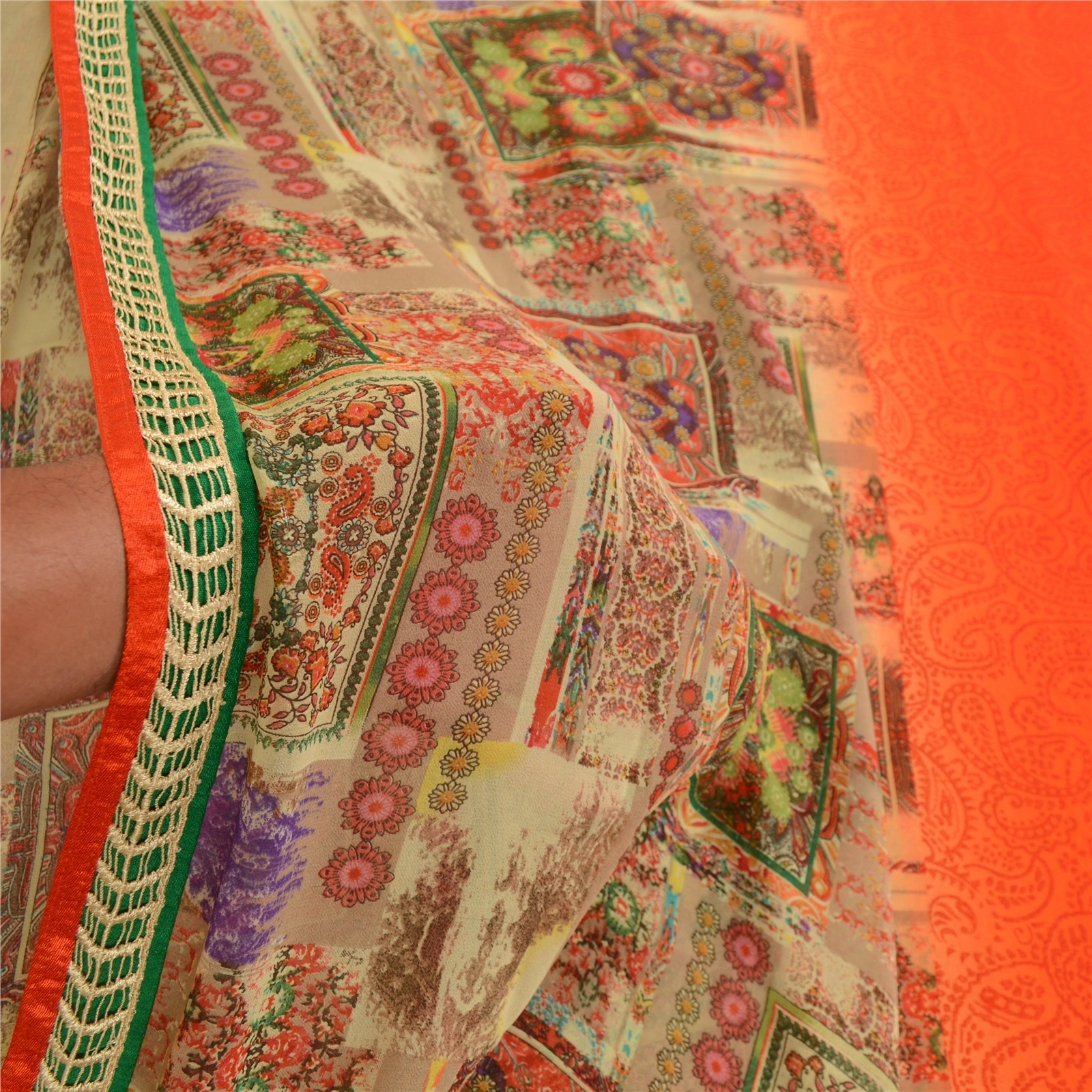 Sanskriti Vintage Indian Orange Sarees Georgette Printed Sari Soft Craft Fabric, PRG-3589-Orange-Printed Floral Design-Poly Georgette-4